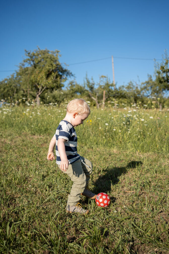 Kleinkind spielt mit Ball auf der Wiese, Familienfotoshooting im Grünen